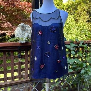 Review Australia Sz 8 blue silky  tank with black gauzy overlay & sequin/beads
